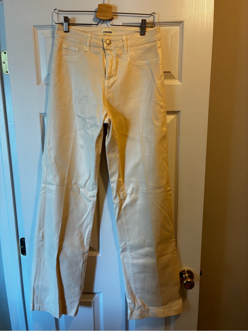 L'AGENCE Off-White High-Rise Pants with Silver Button